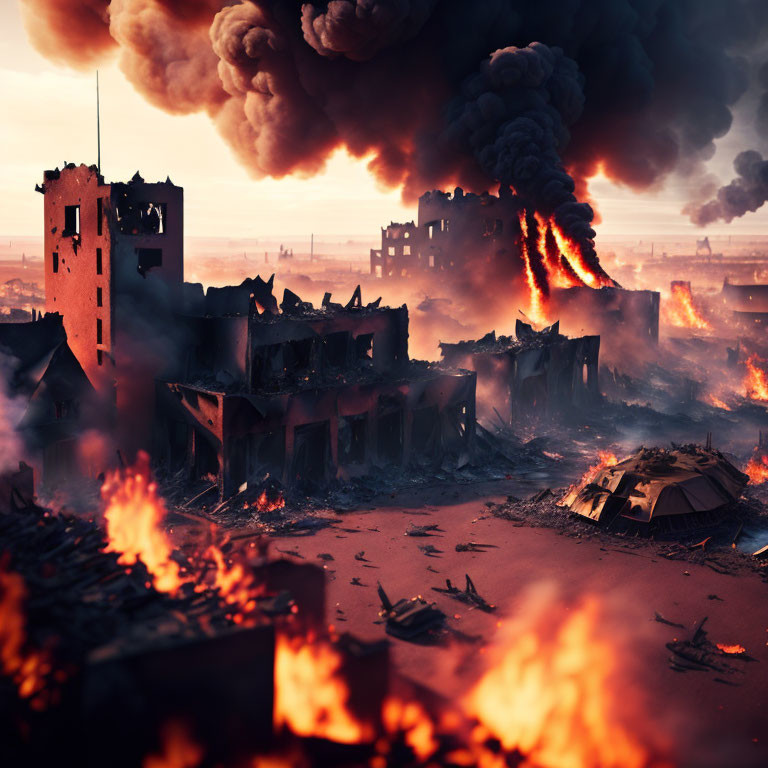 Destroyed buildings, fires, smoke, and collapse remnants in post-apocalyptic scene