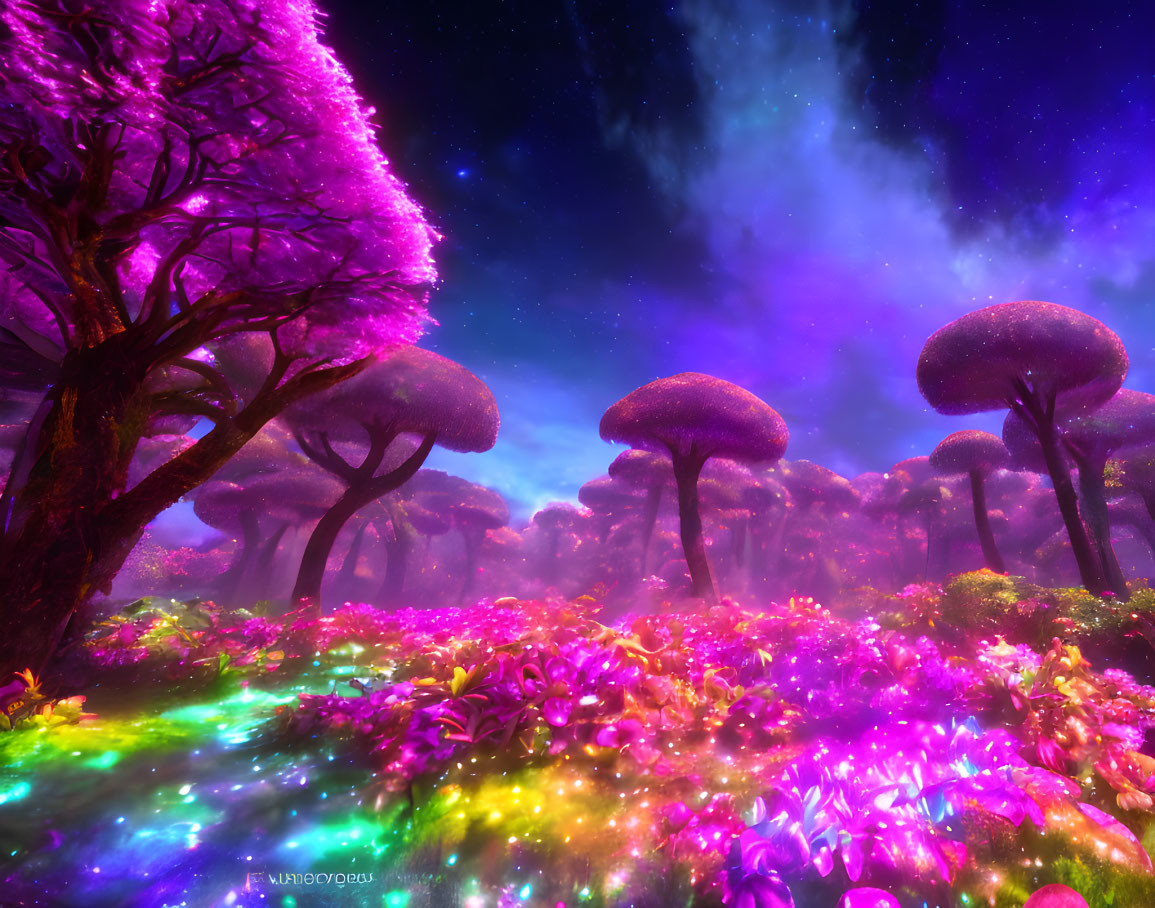 Fantasy landscape with glowing flowers, starry sky, and purple mushroom trees