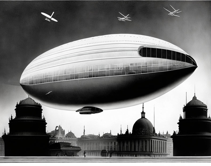 Monochrome image of futuristic airship above classical architecture