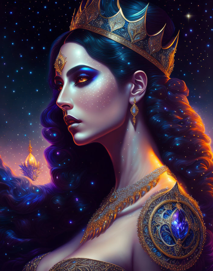 Regal woman with golden crown in cosmic setting