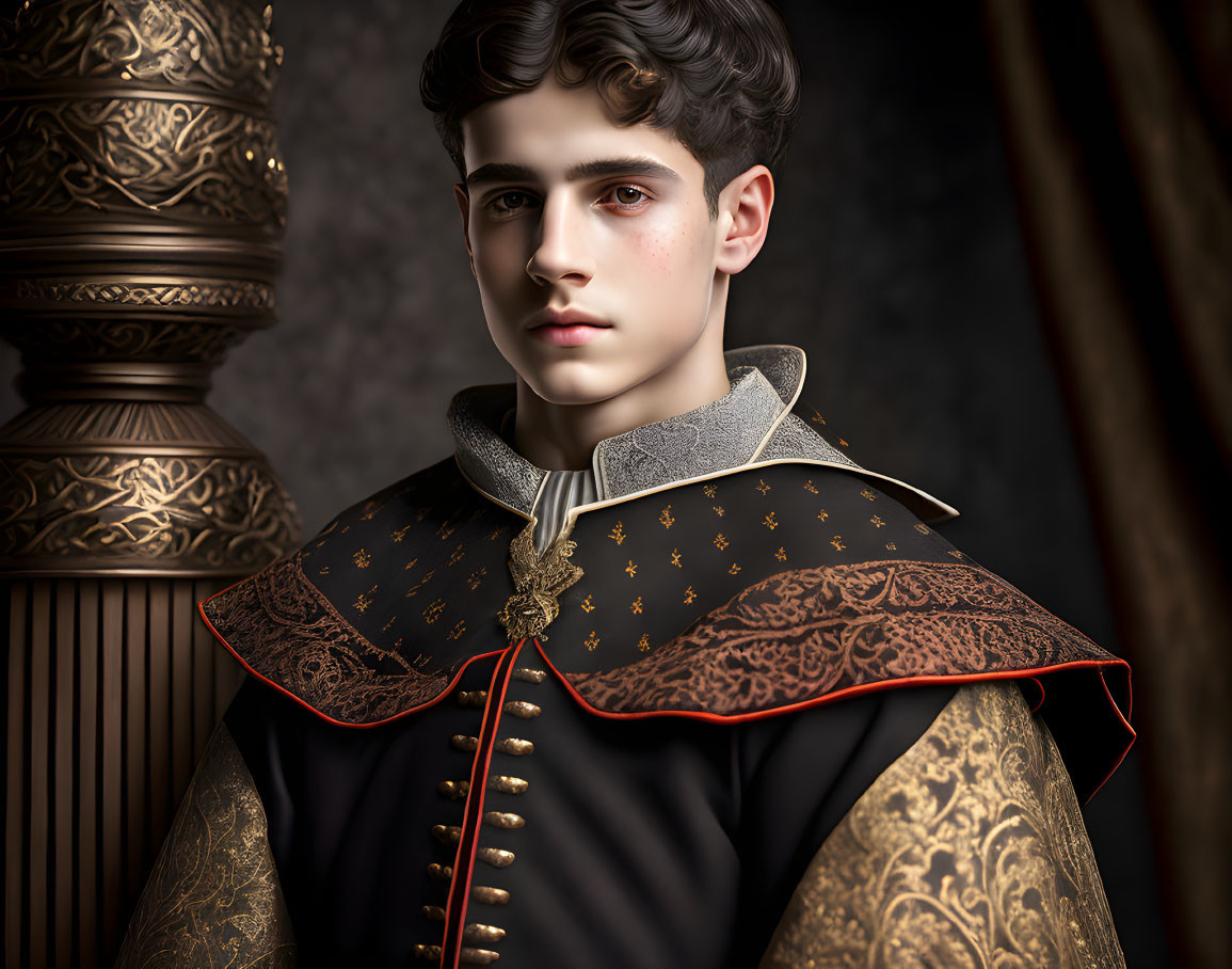 Detailed Digital Portrait of Young Man in Black and Gold Renaissance Costume