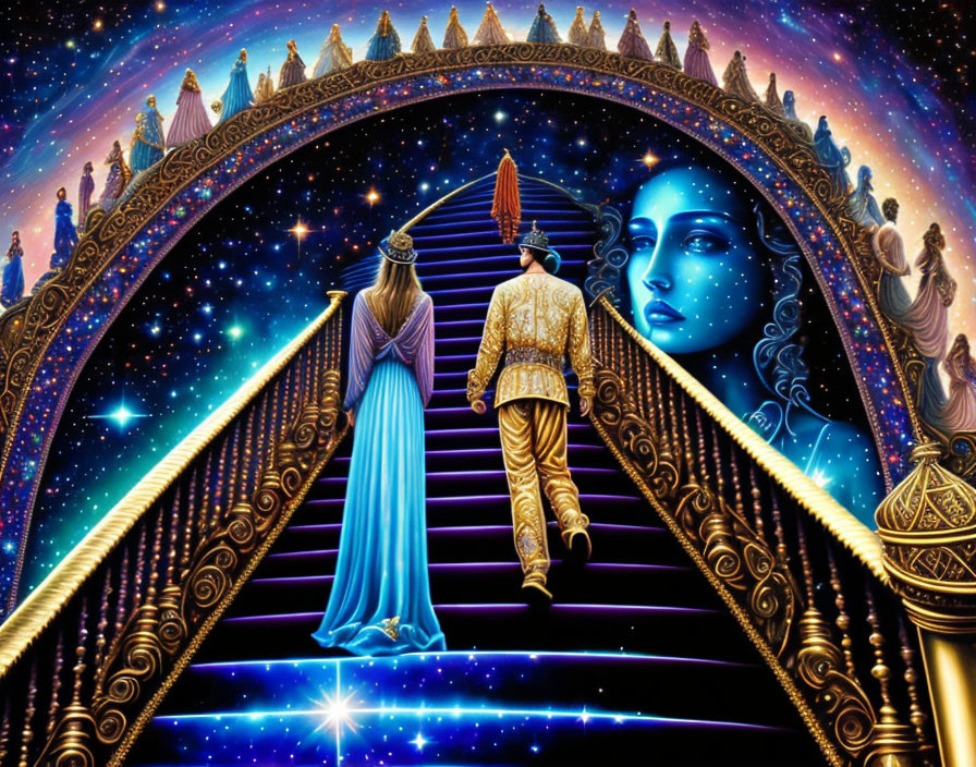 Colorful artwork: Man in regal attire climbing starry staircase to celestial woman's face.