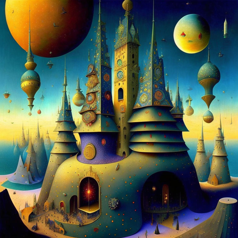 Whimsical cityscape painting with teapot buildings and celestial bodies