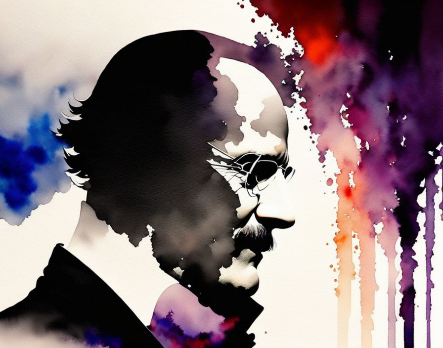 Profile view silhouette of man with beard and glasses blending into colorful watercolor splashes