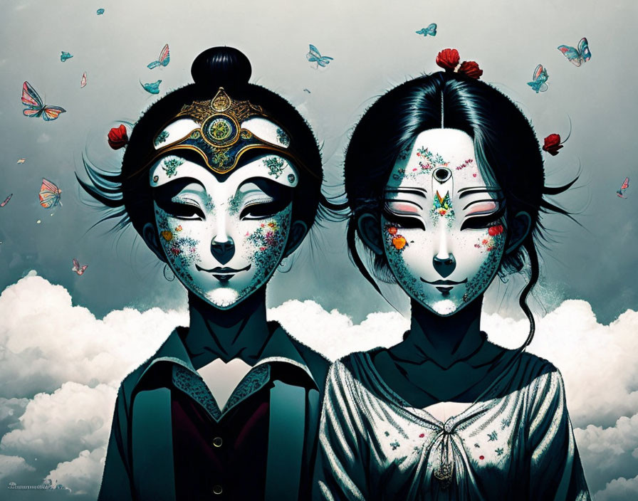 Stylized illustrated characters with face paint and butterflies against cloudy sky