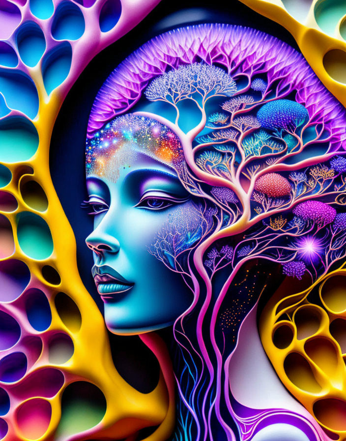 Colorful digital art of woman with blue skin and intricate patterns.