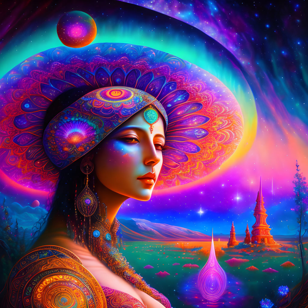 Colorful Woman with Decorative Headgear in Cosmic Fantasy Landscape