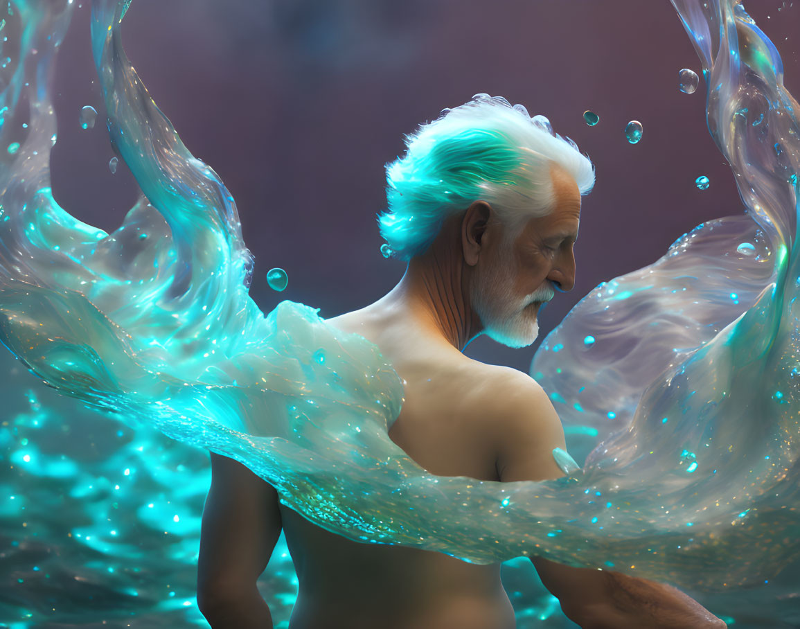 Elderly man with turquoise hair and beard in mystical water-like scene