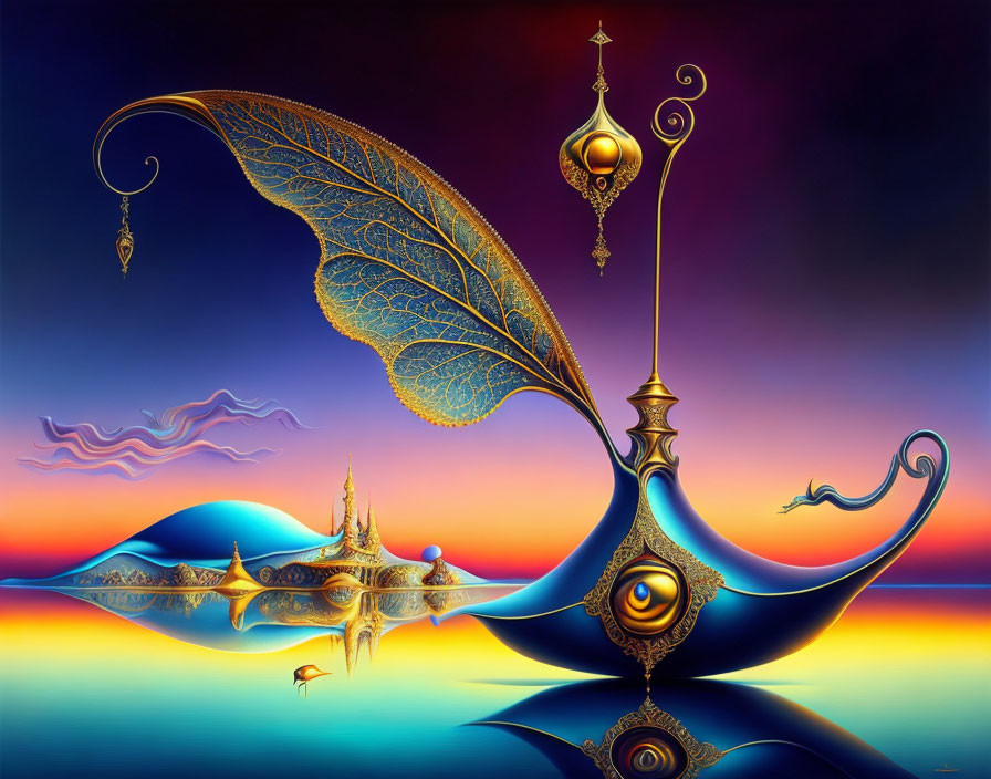 Vibrant surrealistic landscape with genie lamp, wing-like structures, floating islands, and sunset.