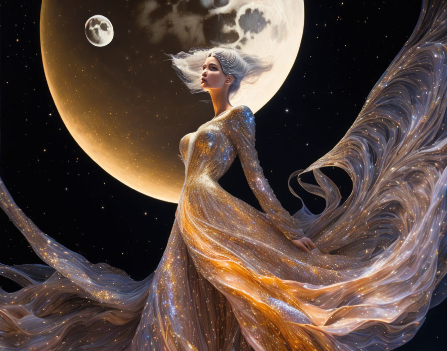 Cosmic-themed woman illustration with flowing hair and starry dress on moonlit night