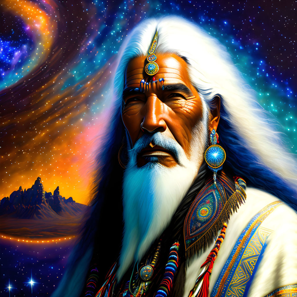 Elder Native American man in traditional attire under cosmic sky