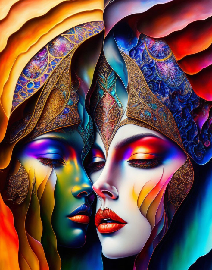 Colorful artwork of two faces with ornate headdresses, intricate patterns