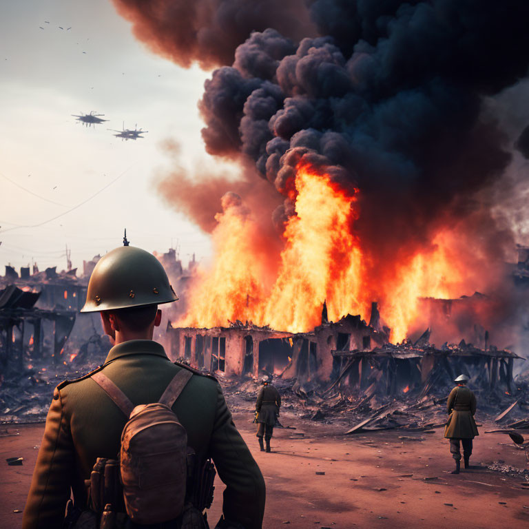 Soldier in helmet and backpack observes scene of destruction with burning buildings and aircraft in the sky