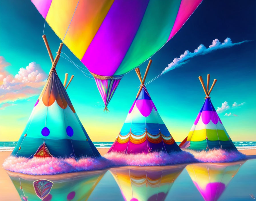 Vibrant teepees and hot air balloon on beach with blue sky