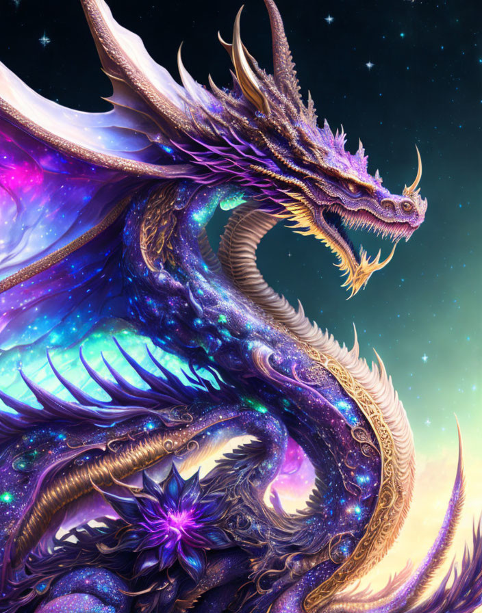 Iridescent cosmic dragon with golden horns in starry night sky