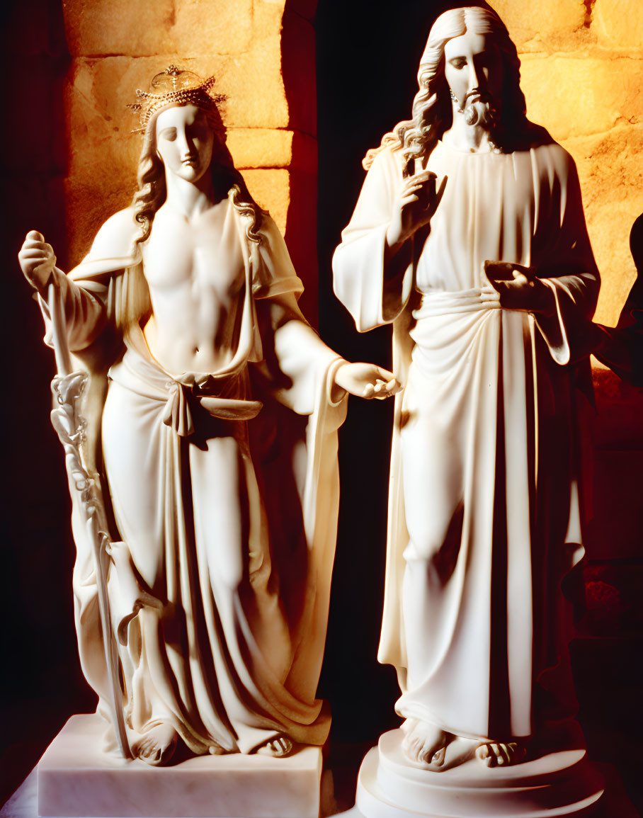 White marble statues of religious figures: female with crown and bearded male, both with raised hand