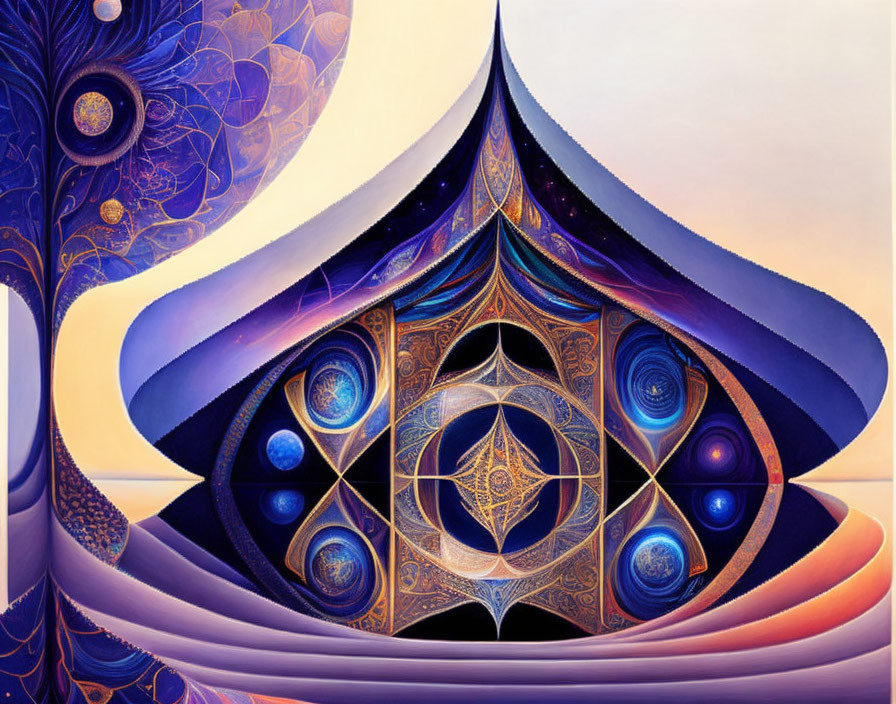 Symmetrical Psychedelic Artwork with Flowing Shapes and Cosmic Motifs