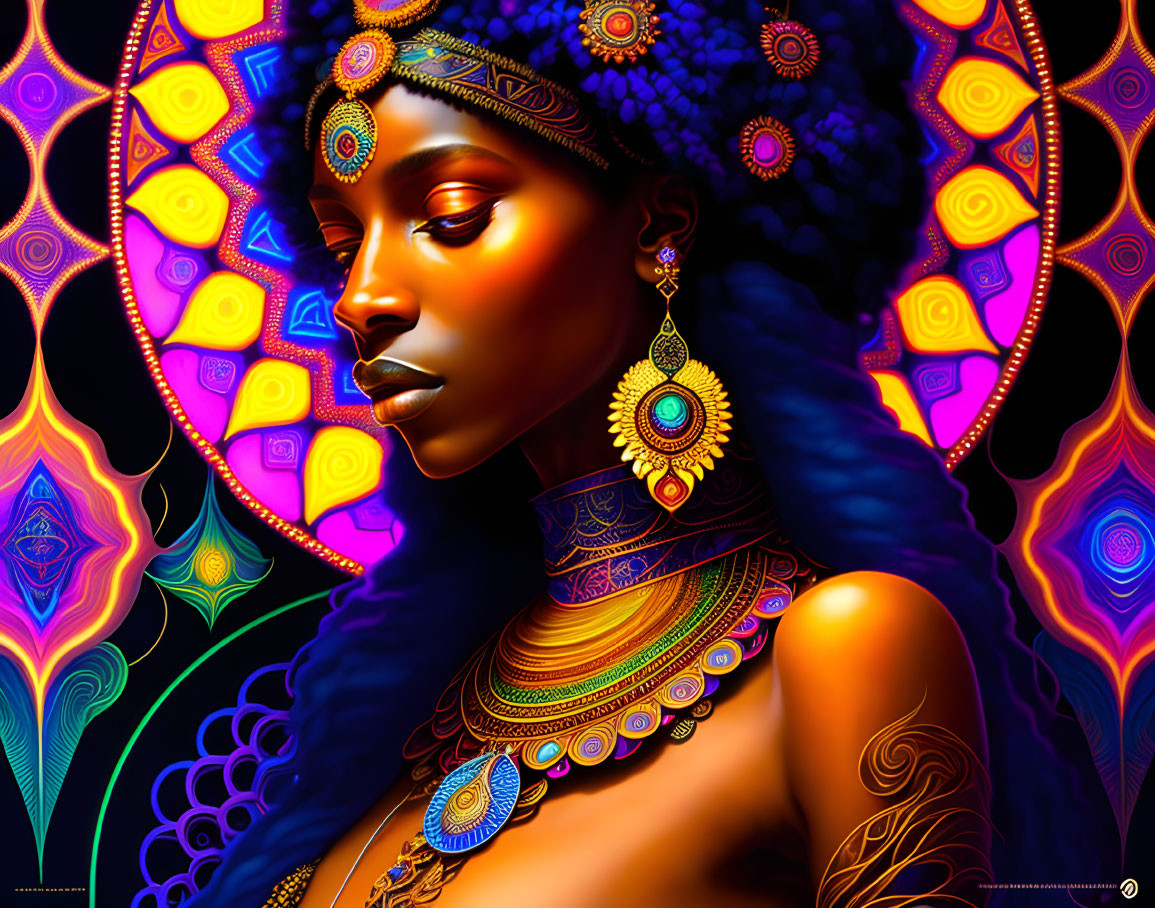 Vibrant digital artwork: African woman with jewelry on psychedelic mandala background