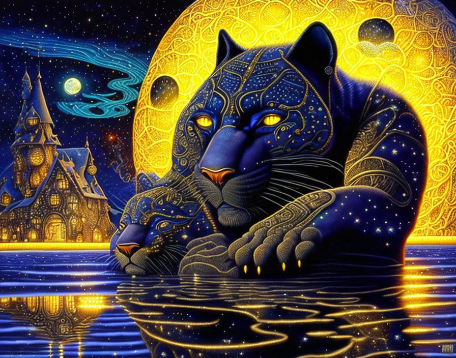 Blue jaguar with patterns near water, castle, celestial bodies.