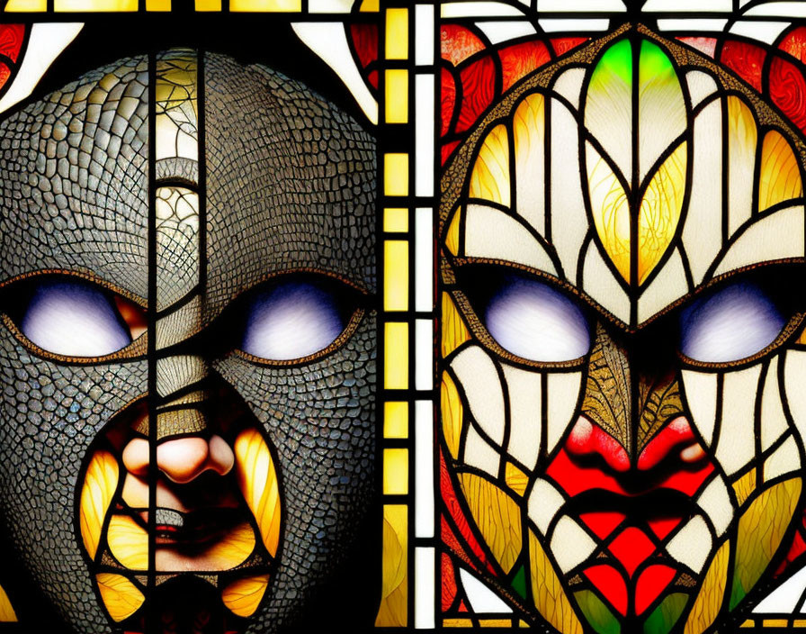 Stylized faces: reptile skin & stained glass pattern fusion