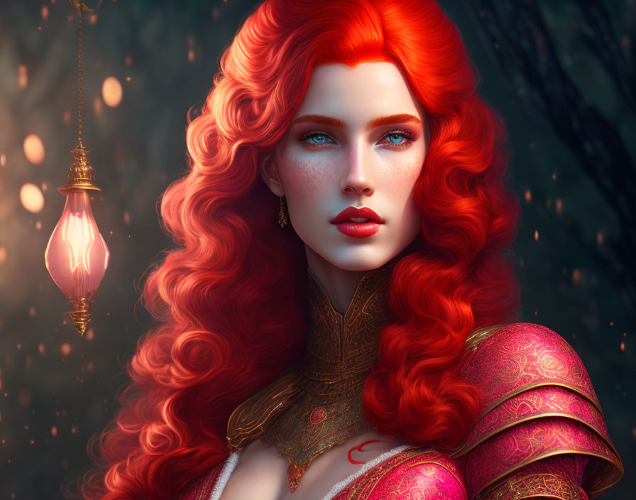 Digital art portrait of woman with red hair, blue eyes, golden armor in mystical forest.