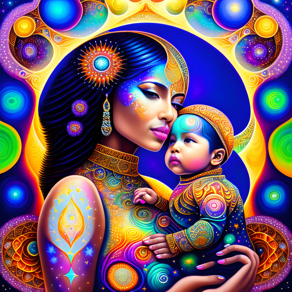 Colorful digital artwork of woman and child in cosmic patterns with psychedelic background