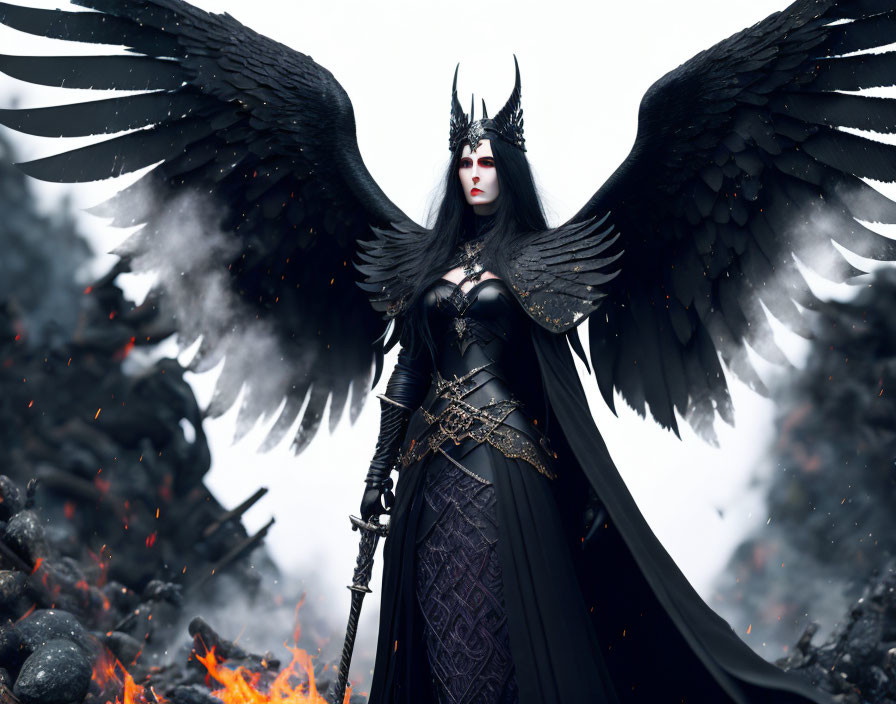 Dark fantasy character with wings in smoky scenery holding staff