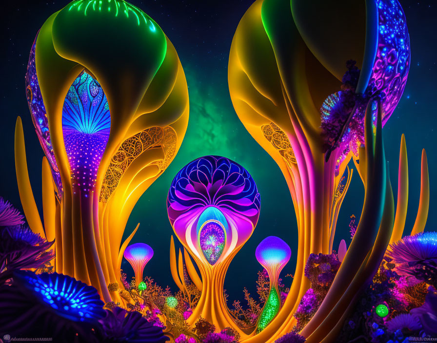 Psychedelic glowing flora in fantastical night setting