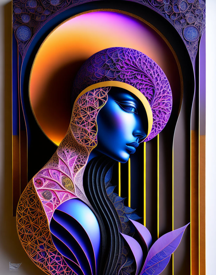 Stylized digital artwork of female figure with blue skin and intricate patterns