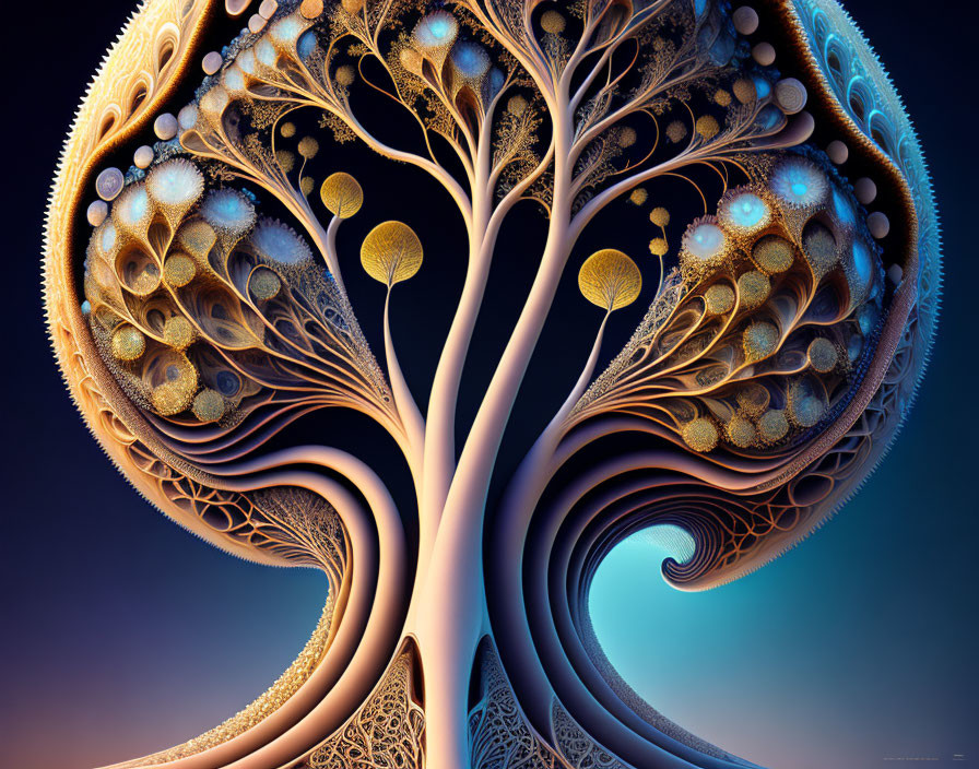 Fractal art: Surreal tree with intricate patterns, gold to blue gradient