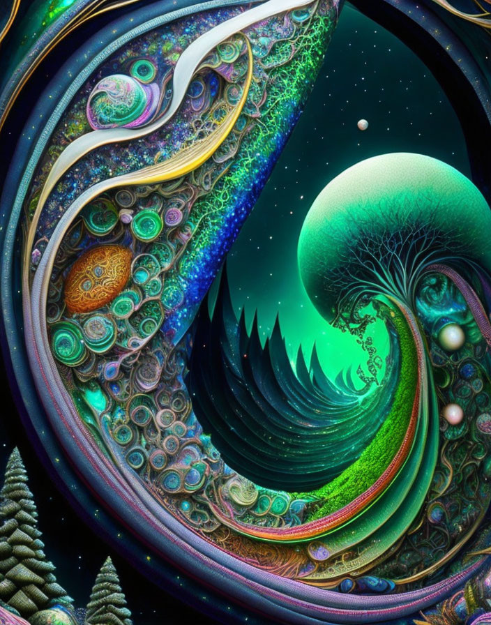 Abstract cosmic digital artwork with swirls, stars, surreal landscape, and tree.