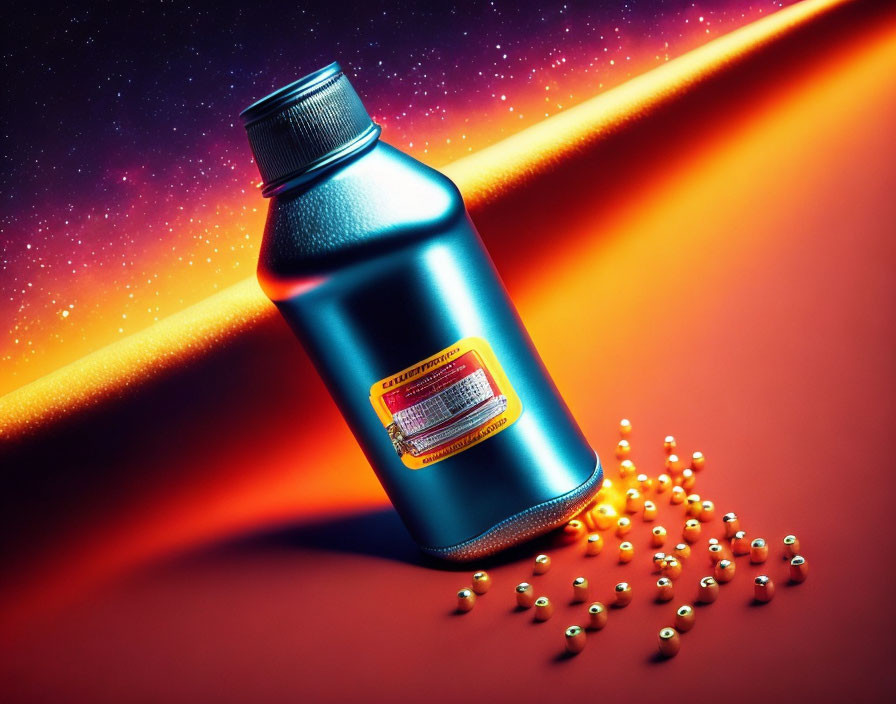 Dark Liquid Bottle with Pills on Cosmic Background