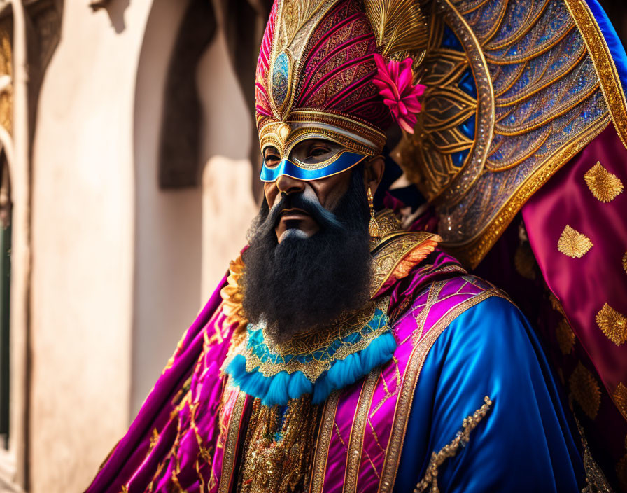 Elaborate blue and purple costume with gold details and ornate mask