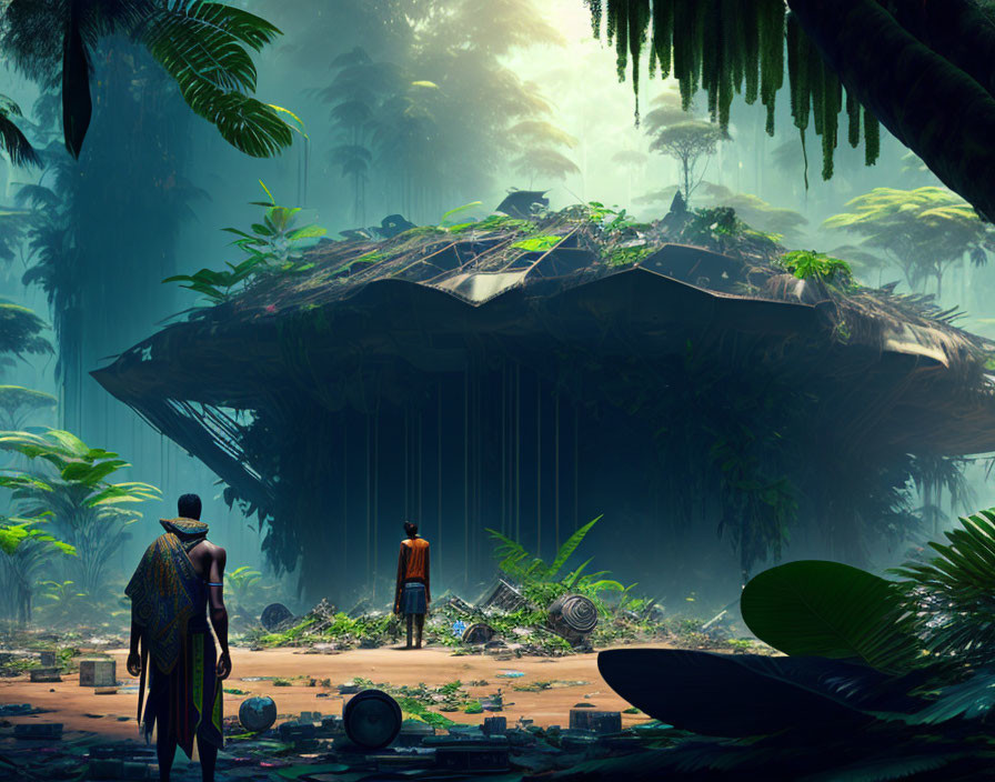 Futuristic structure and lush jungle with two individuals