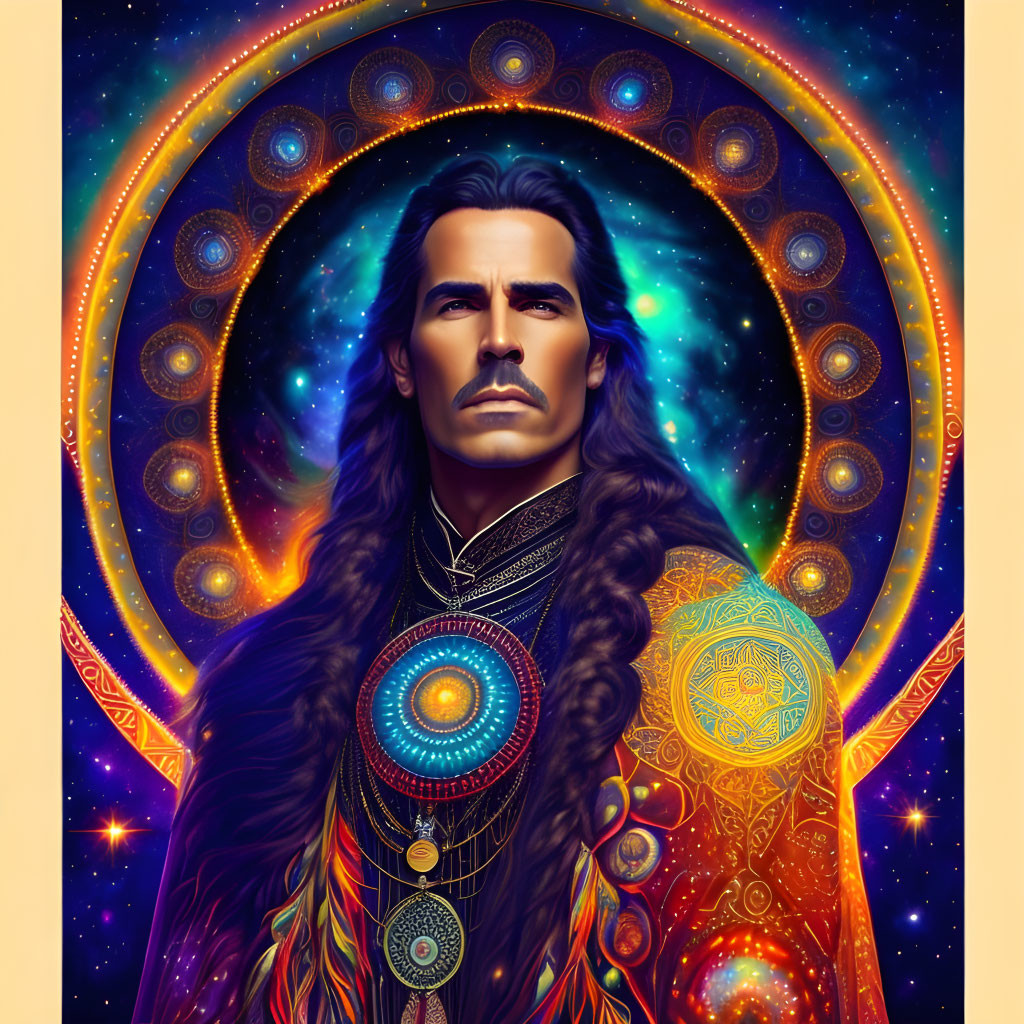 Vibrant digital art of man with long dark hair in cosmic setting