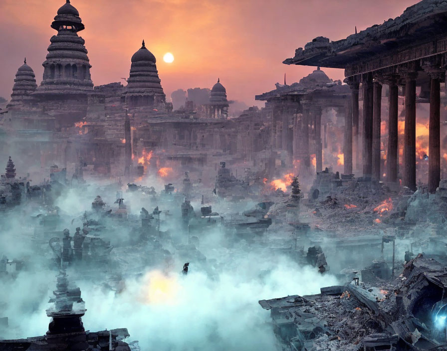 Destroyed ancient temples in apocalyptic landscape with smoke and debris under hazy orange sun