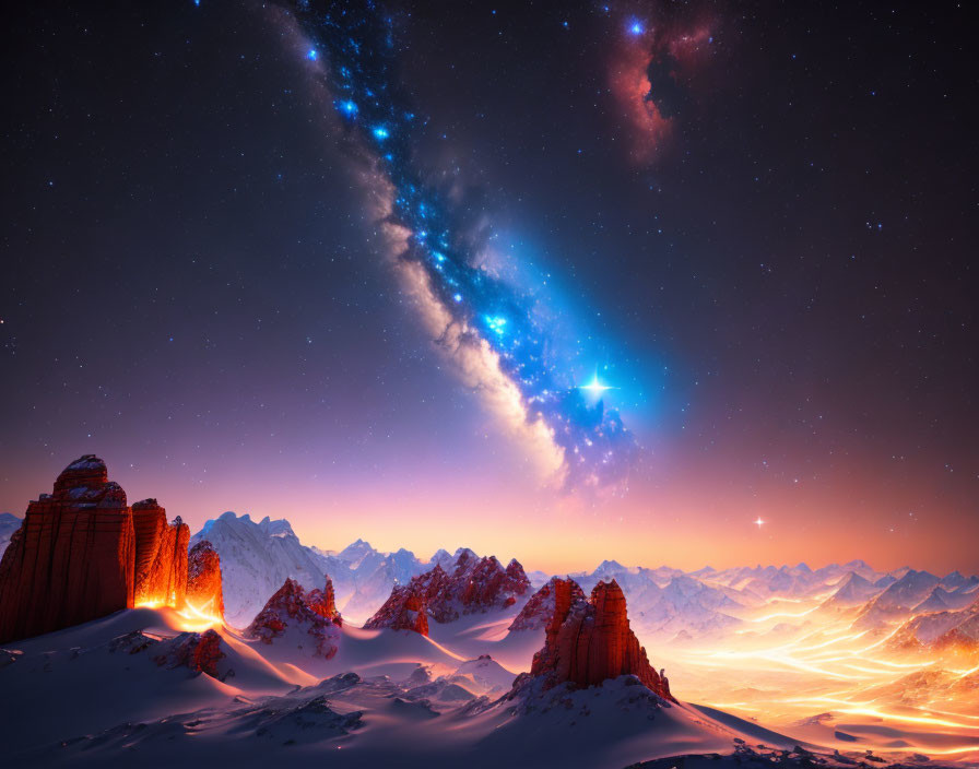 Snow-covered mountains under starry sky with Milky Way and celestial object