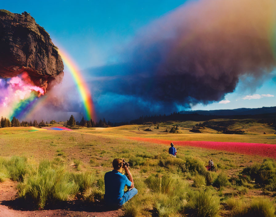 Vibrant rainbow over cliff with scattered people in colorful field