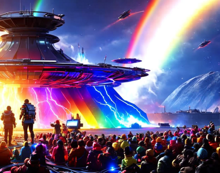 Futuristic group observing auroras at spaceport with spaceships and planet