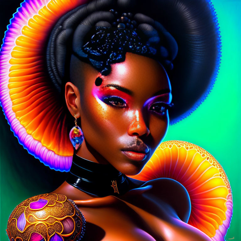 Colorful digital artwork featuring individual with stylized makeup and hair in sci-fi setting