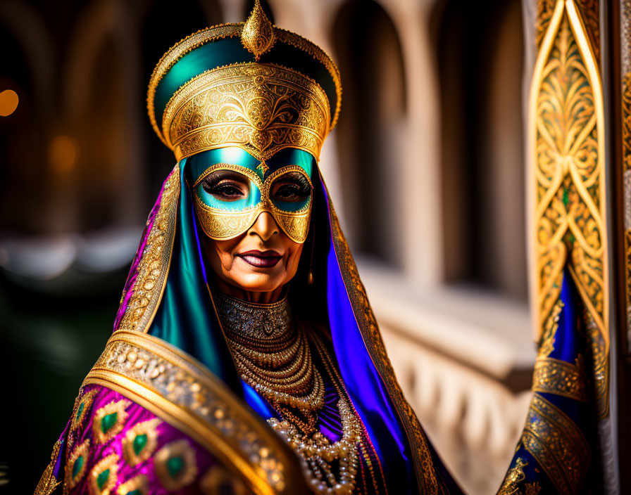 Elaborate Costume with Golden Mask and Headdress in Vibrant Blue and Green Fabrics