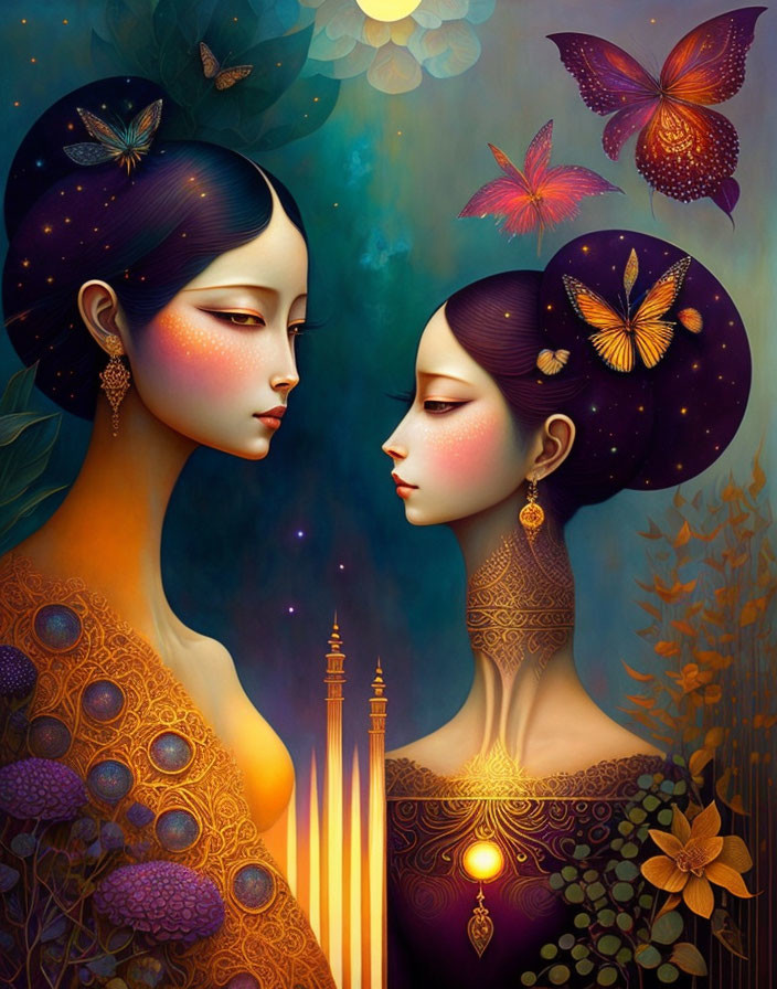 Stylized women in celestial attire with butterfly-adorned hairstyles against mystical backdrop