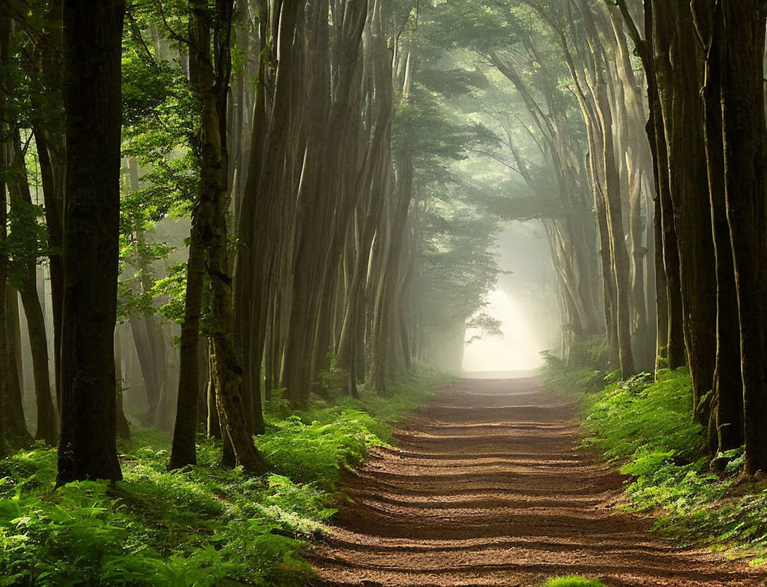 Sunlight filtering through mist in serene forest scene