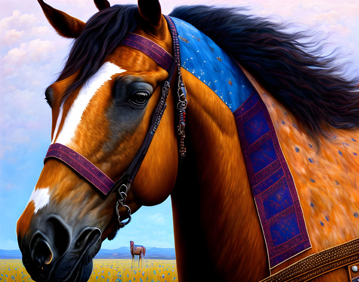 Detailed Illustration: Brown and White Horse with Blue Blanket and Bridle in Field and Sky