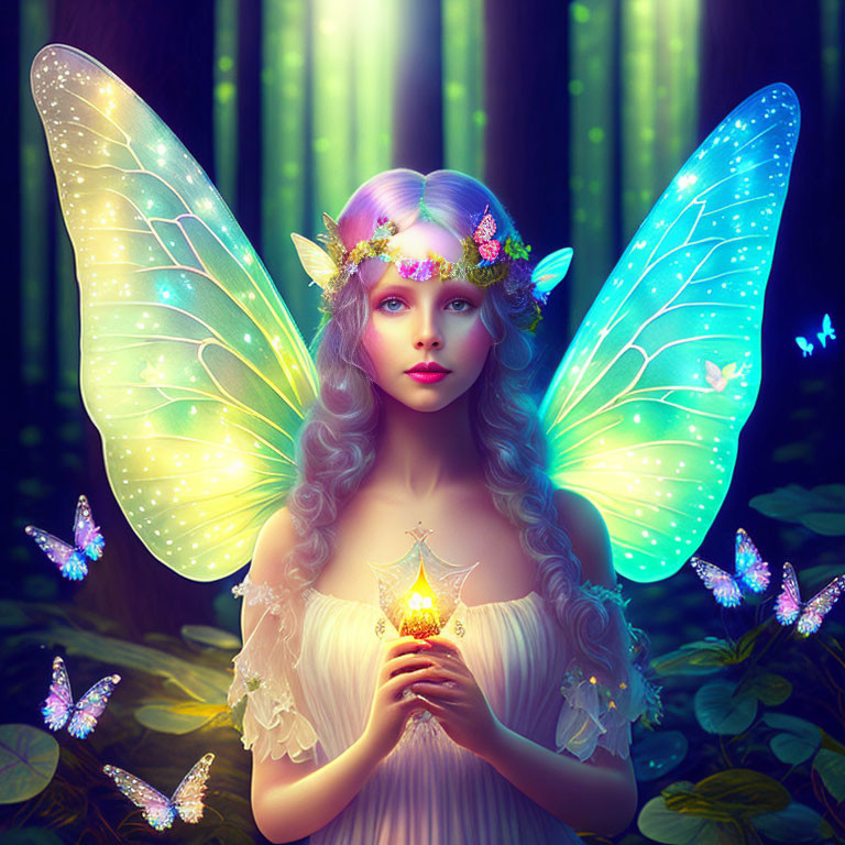 Enchanting fairy with glowing wings in magical forest