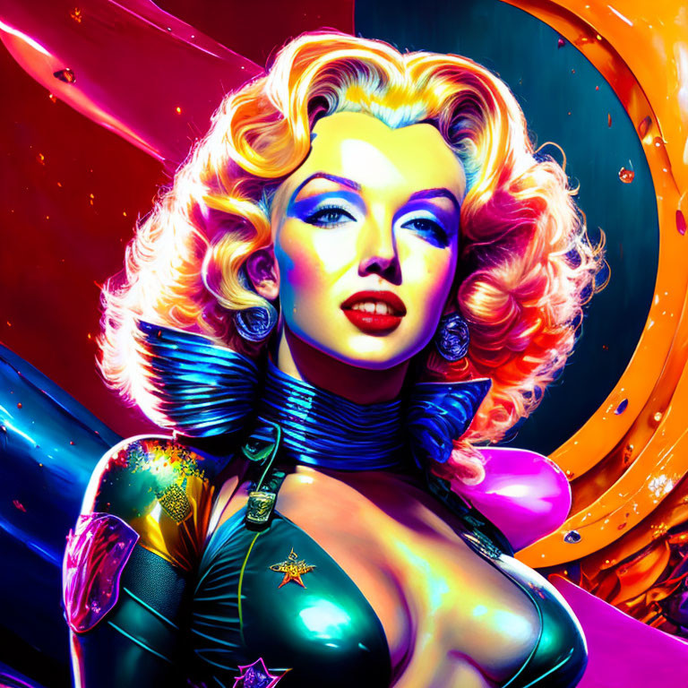 Colorful portrait of woman in retro-futuristic attire with bold makeup and blond hair against space-themed