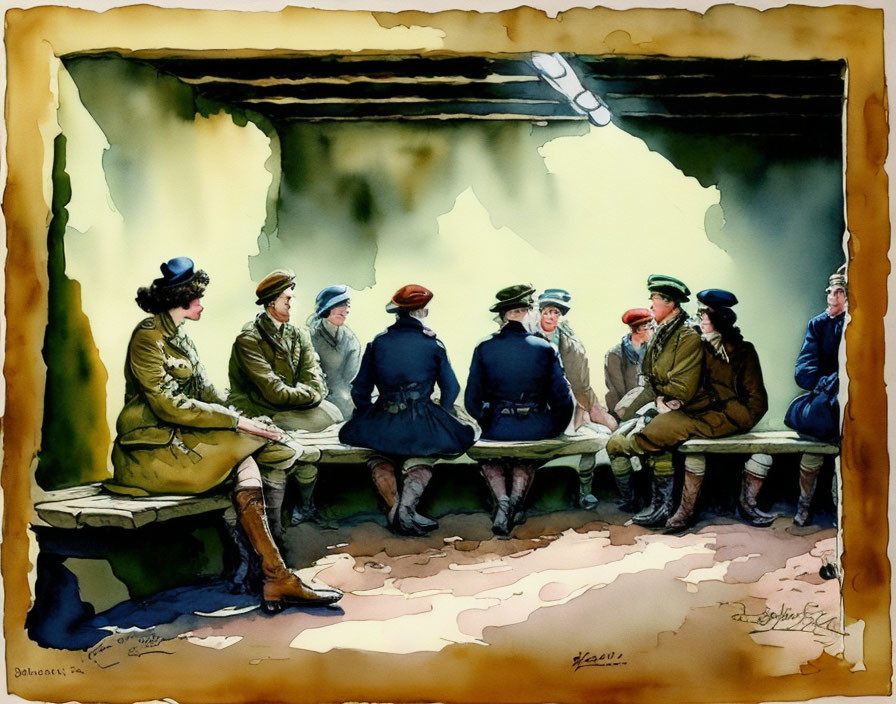 Group of people in early 20th-century attire chatting inside warmly-lit shelter