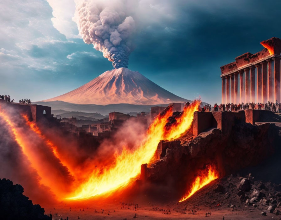 Volcanic eruption near ancient ruins under ash-filled sky