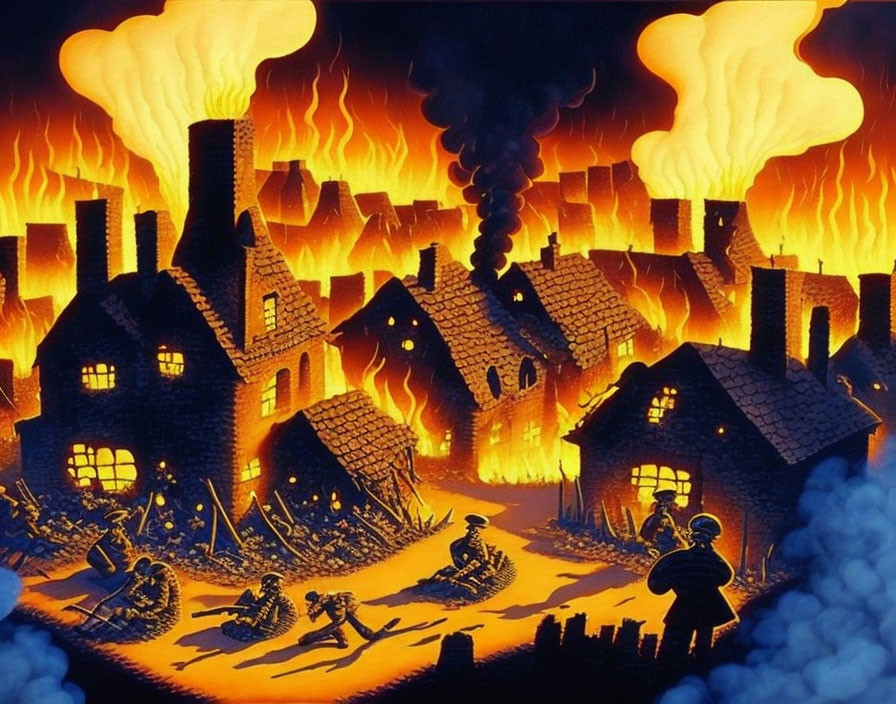 Illustration of burning village with silhouetted figures