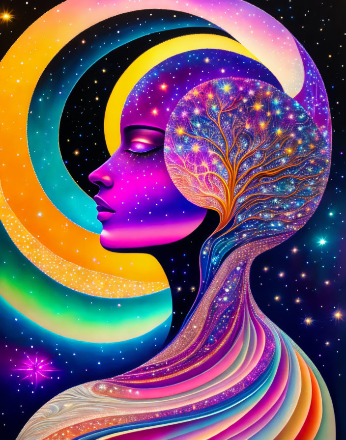 Colorful Profile of Female Face Merging with Cosmic Tree and Moon